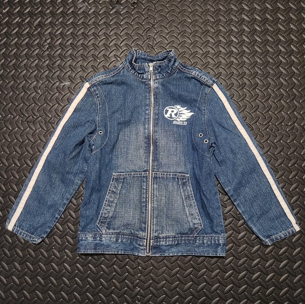 Vintage Roots 73 Kids Denim Jacket Racing Graphic Blue Size M (7/8)